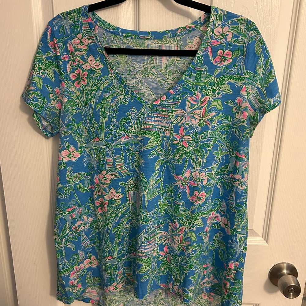 Lilly Pulitzer Tropical Blue and Pink Short Sleeve Top